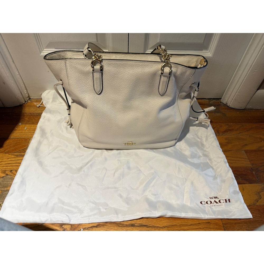 Coach Pebbled Leather Tote Bag Cream Gold Hardware Tassels NWT w Dust Bag